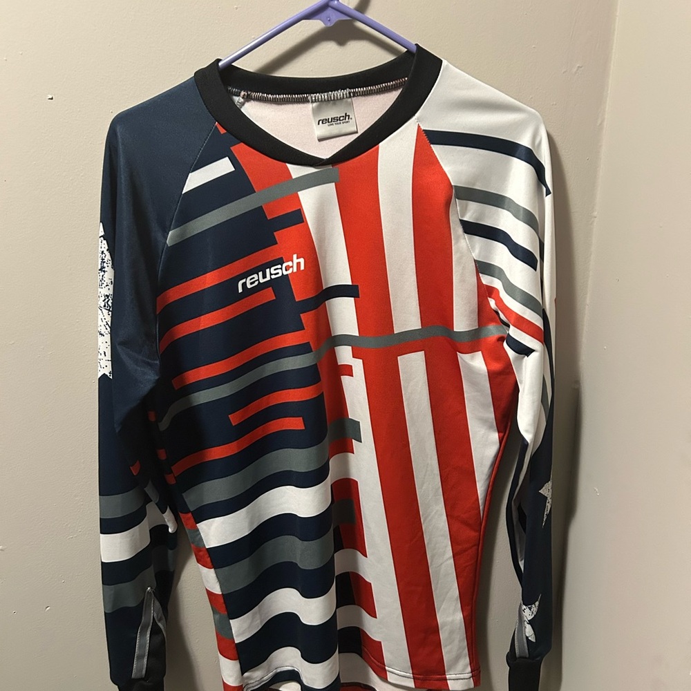 Reusch Men's Striped Long Sleeve Shirt - Red, Blue, and White - GOALIE SHIRT